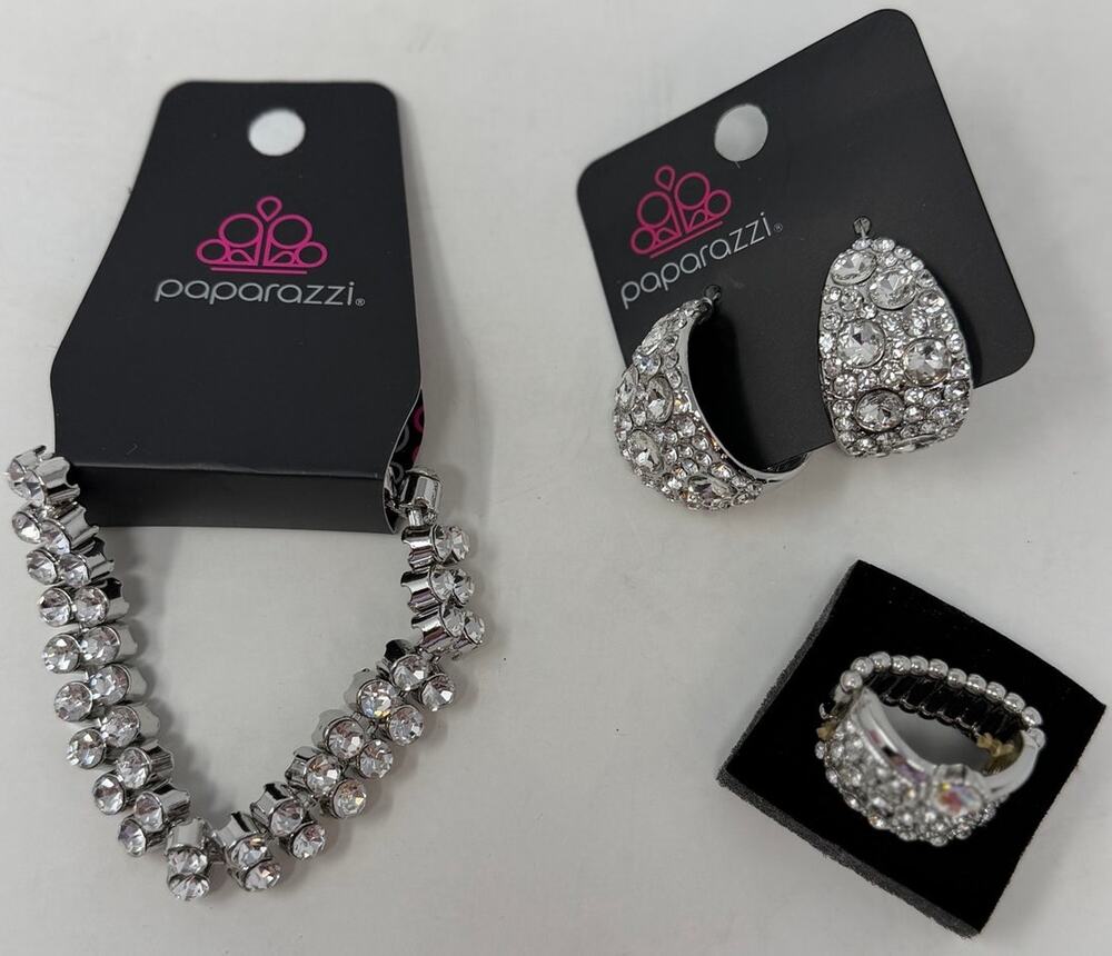 Paparazzi Bracelet Ring Earrings Clear Stone Silver and Rhinestone